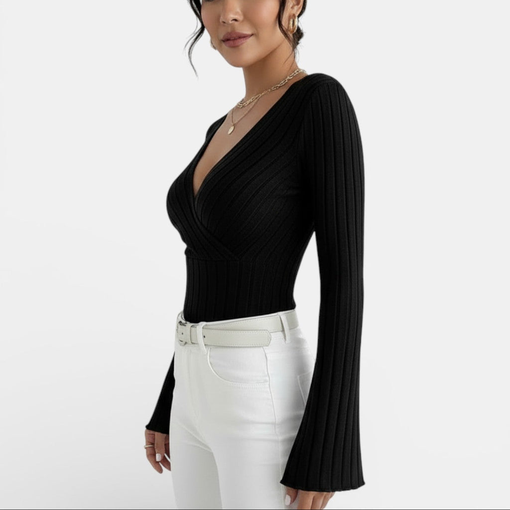 Aurea - Camiseta Mujer Canalé Escote V Manga Larga
