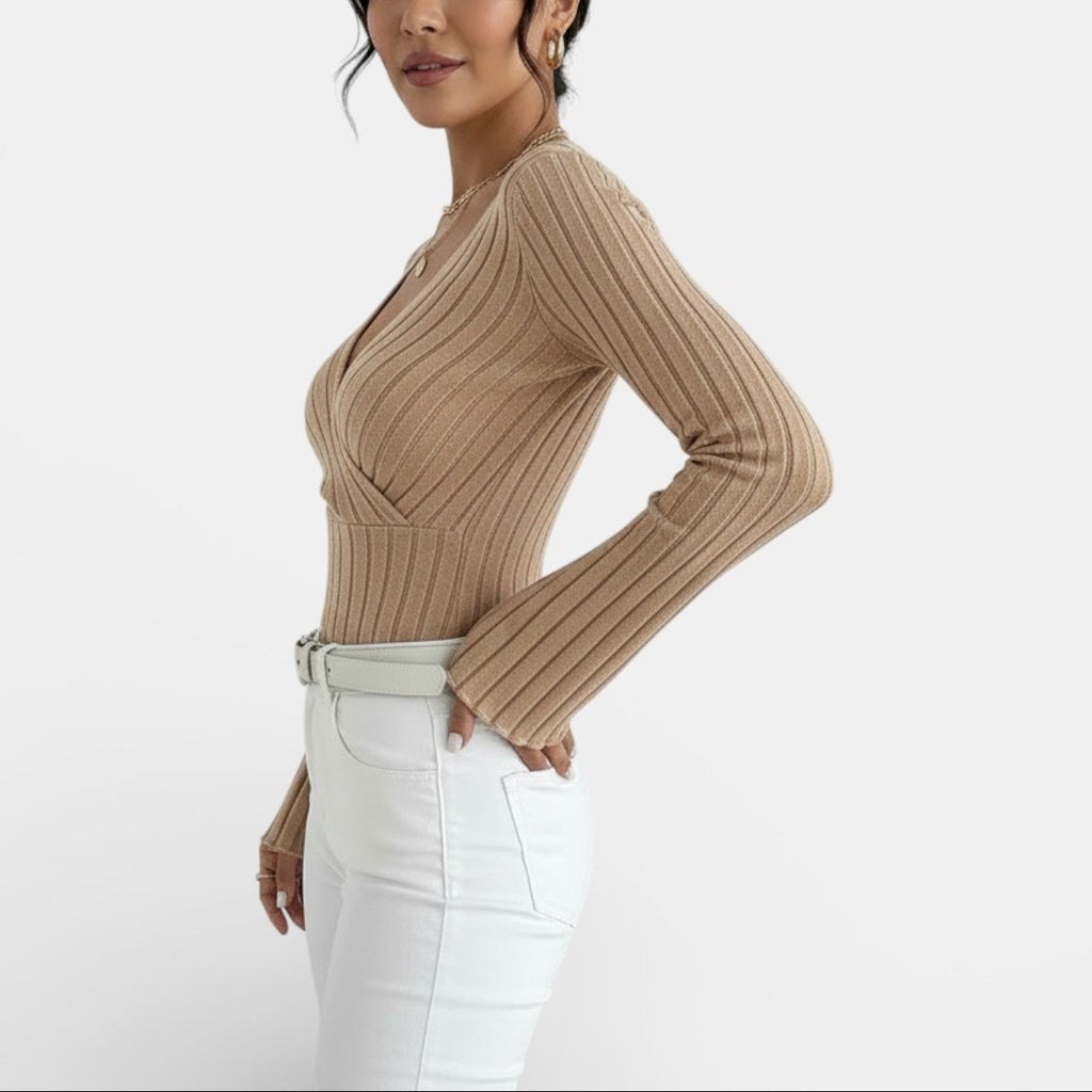 Aurea - Camiseta Mujer Canalé Escote V Manga Larga