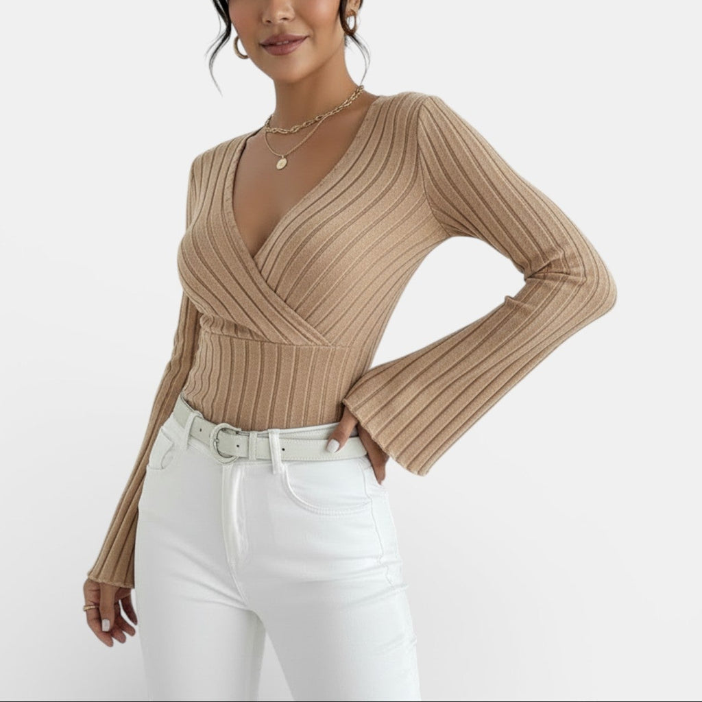 Aurea - Camiseta Mujer Canalé Escote V Manga Larga