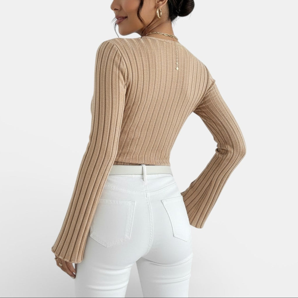 Aurea - Camiseta Mujer Canalé Escote V Manga Larga