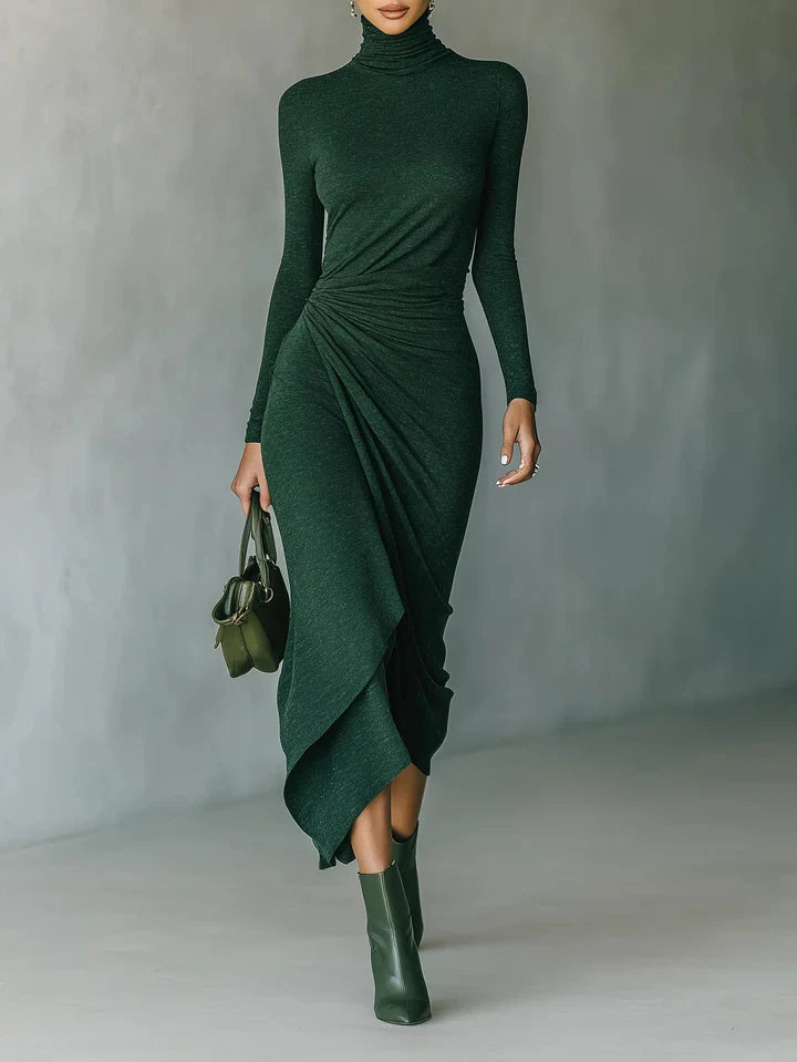 Vestido midi envolvente asimétrico con pliegues y cuello alto verde oscuro