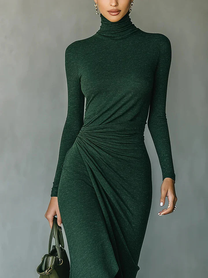 Vestido midi envolvente asimétrico con pliegues y cuello alto verde oscuro