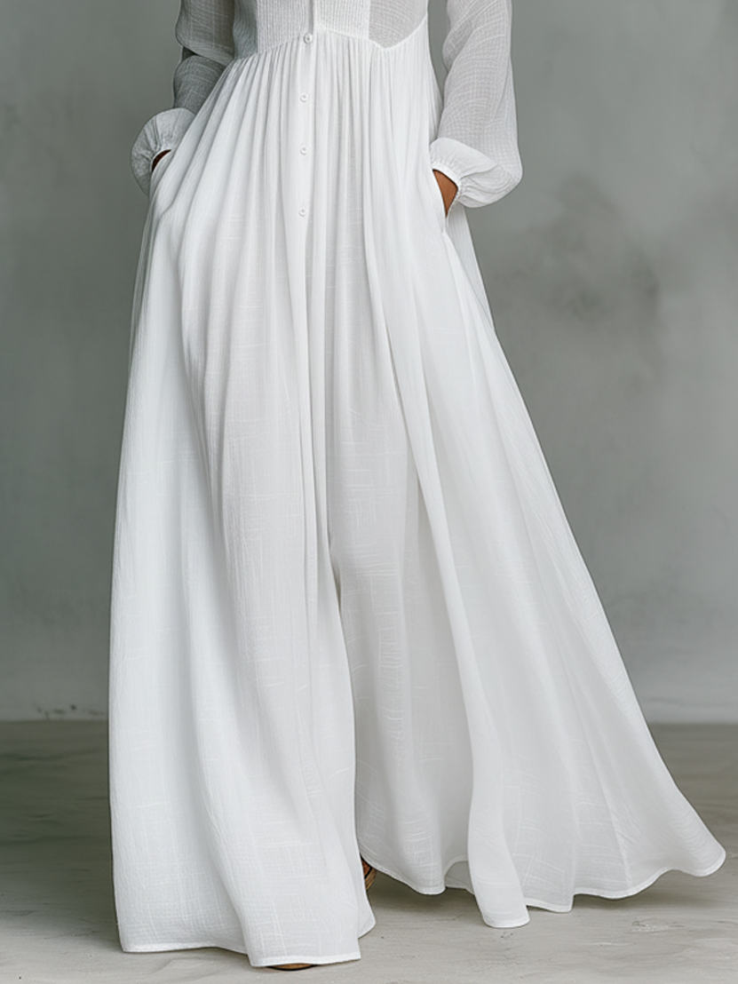 Ona - Vestido largo minimalista con patchwork, cuello alto y mangas largas.