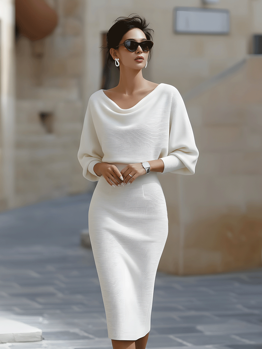 Evania - Vestido Midi Blanco con Drapeado y Mangas Murciélago