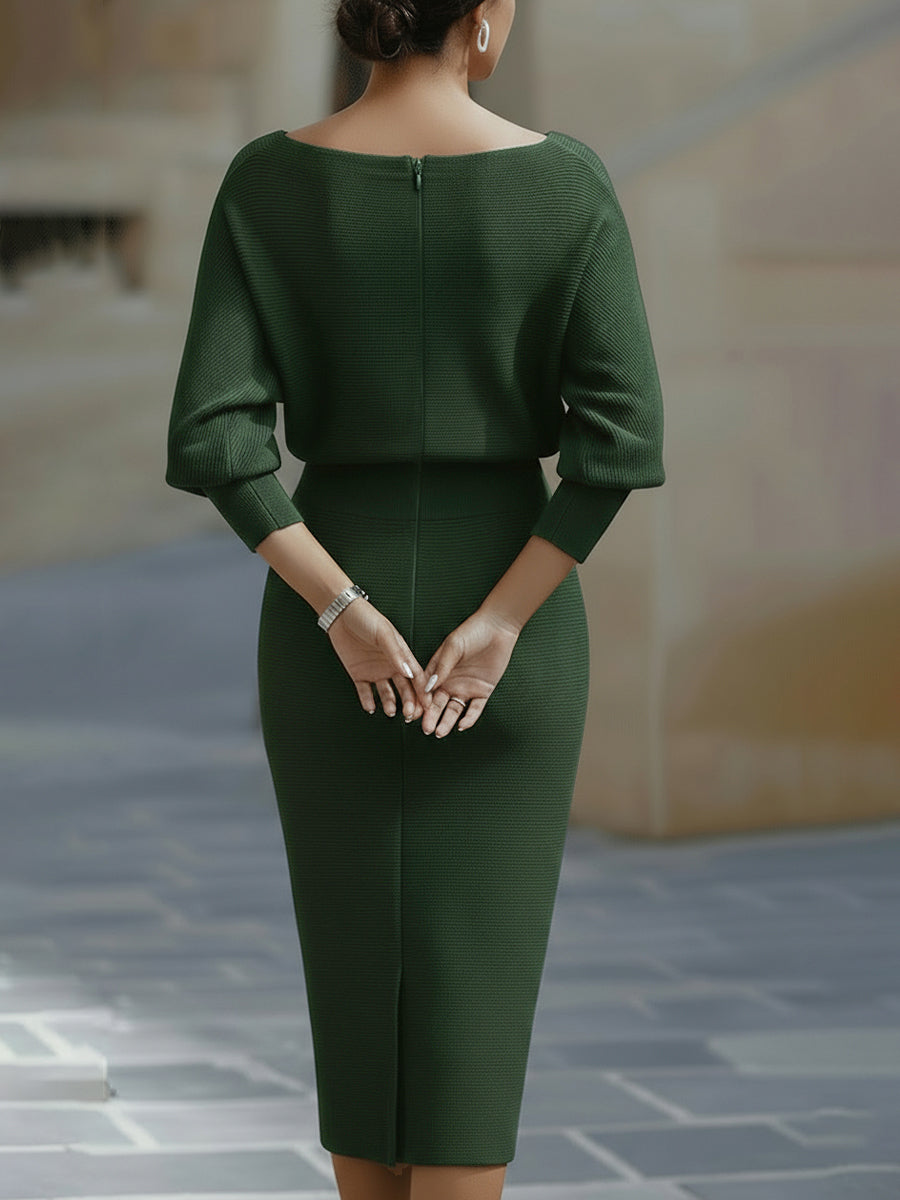 Evania - Vestido Midi Blanco con Drapeado y Mangas Murciélago
