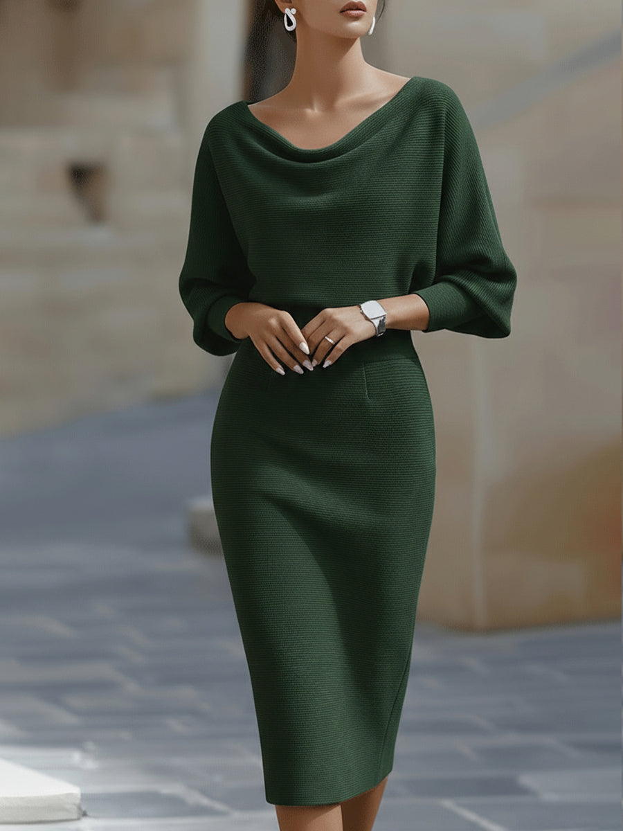 Evania - Vestido Midi Blanco con Drapeado y Mangas Murciélago