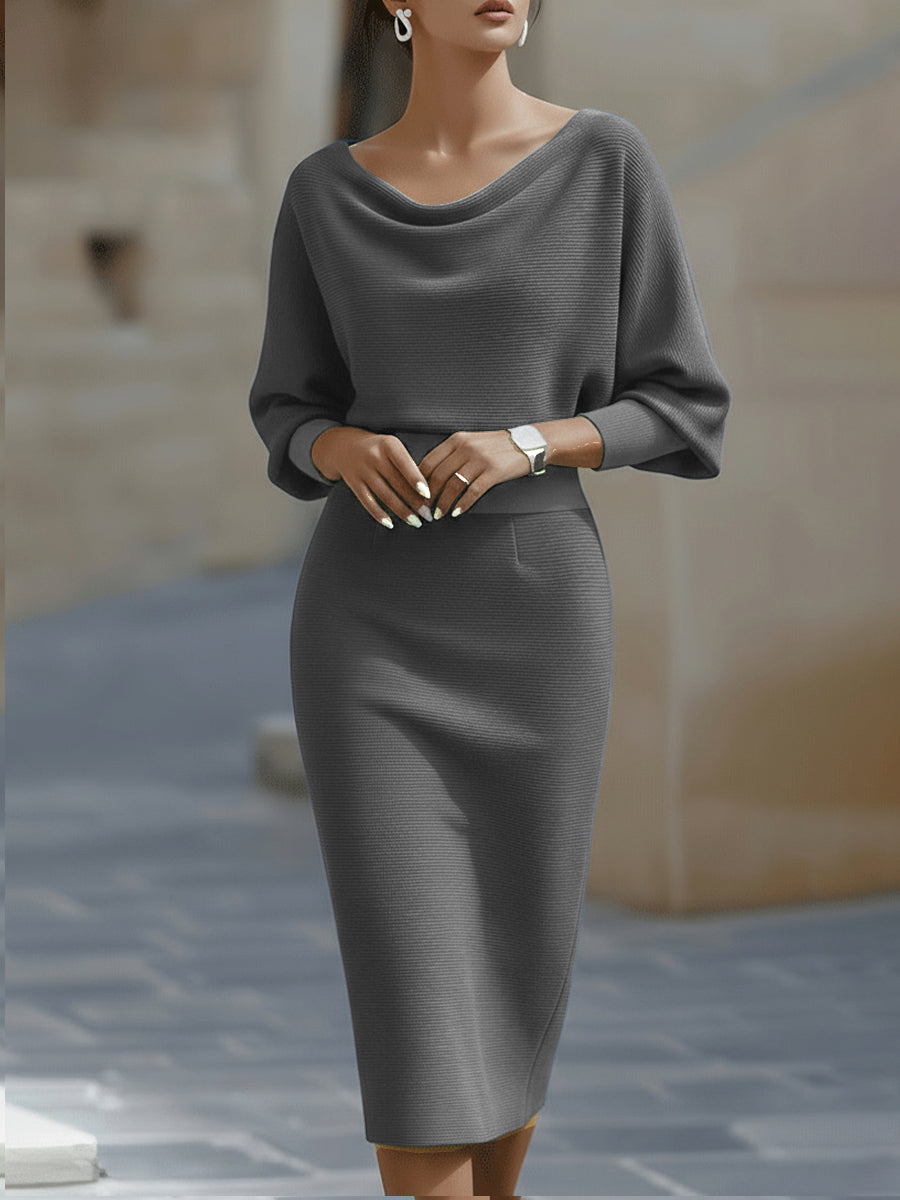 Evania - Vestido Midi Blanco con Drapeado y Mangas Murciélago