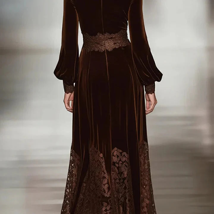 Vestidos maxi de terciopelo con cuello alto y mangas abullonadas de encaje patchwork