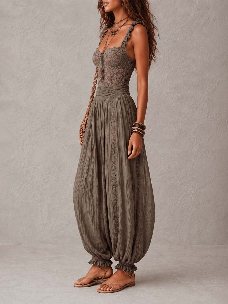 Natividad - Conjunto de Bandeau de Encaje Gris y Pantalones Harem Plisados