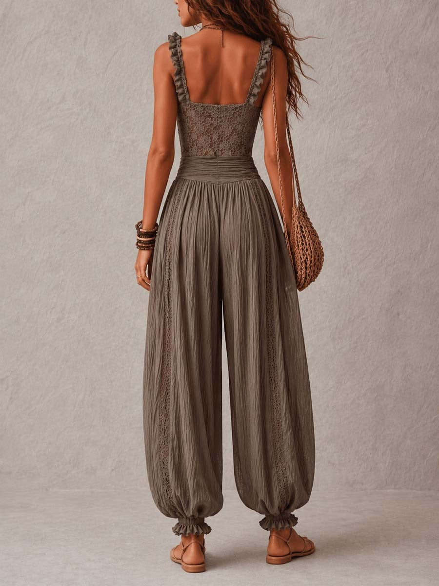 Natividad - Conjunto de Bandeau de Encaje Gris y Pantalones Harem Plisados