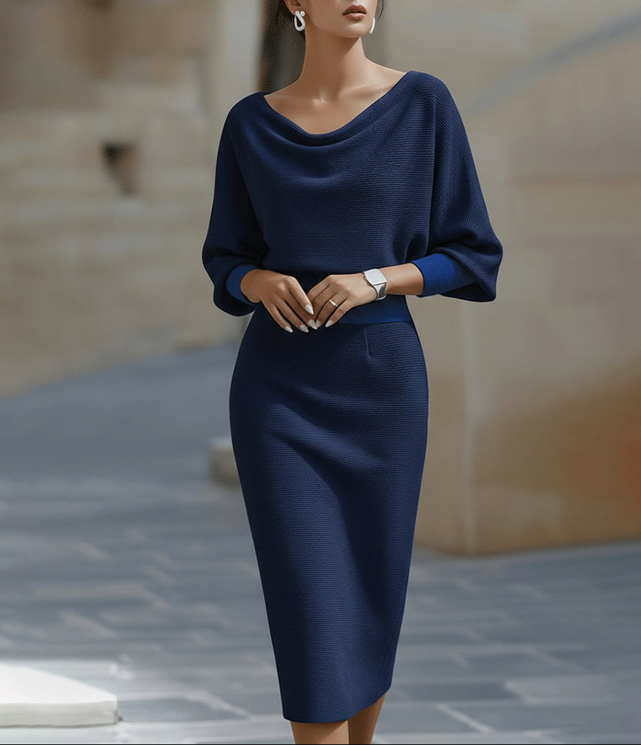 Evania - Vestido Midi Blanco con Drapeado y Mangas Murciélago