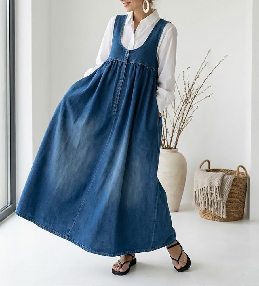 PV20 - Vestido Largo de Denim Lavado Vintage con Toque Suave