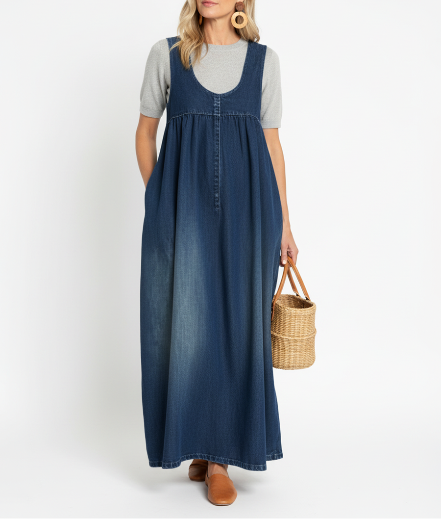 PV20 - Vestido Largo de Denim Lavado Vintage con Toque Suave