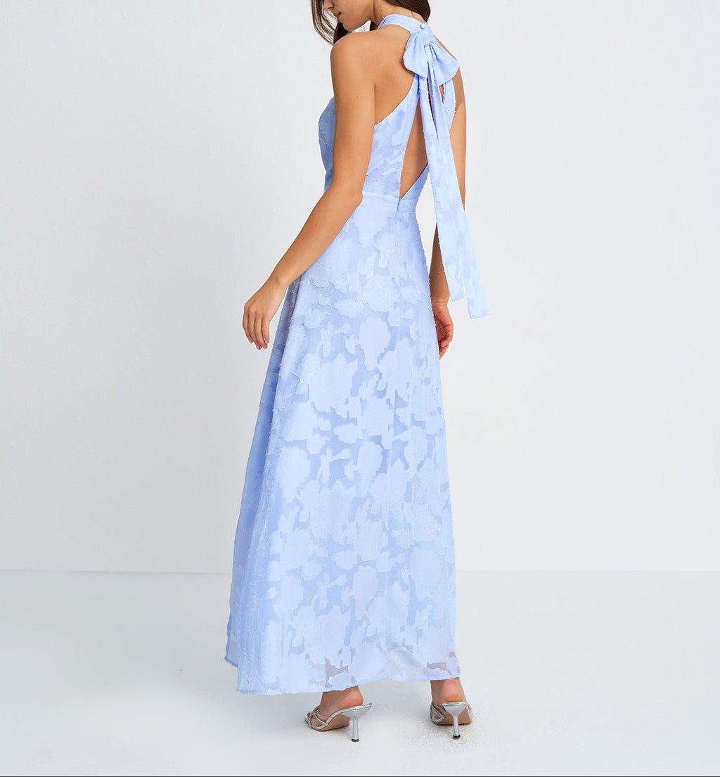 Irune - Vestido largo azul elegante con cuello alto