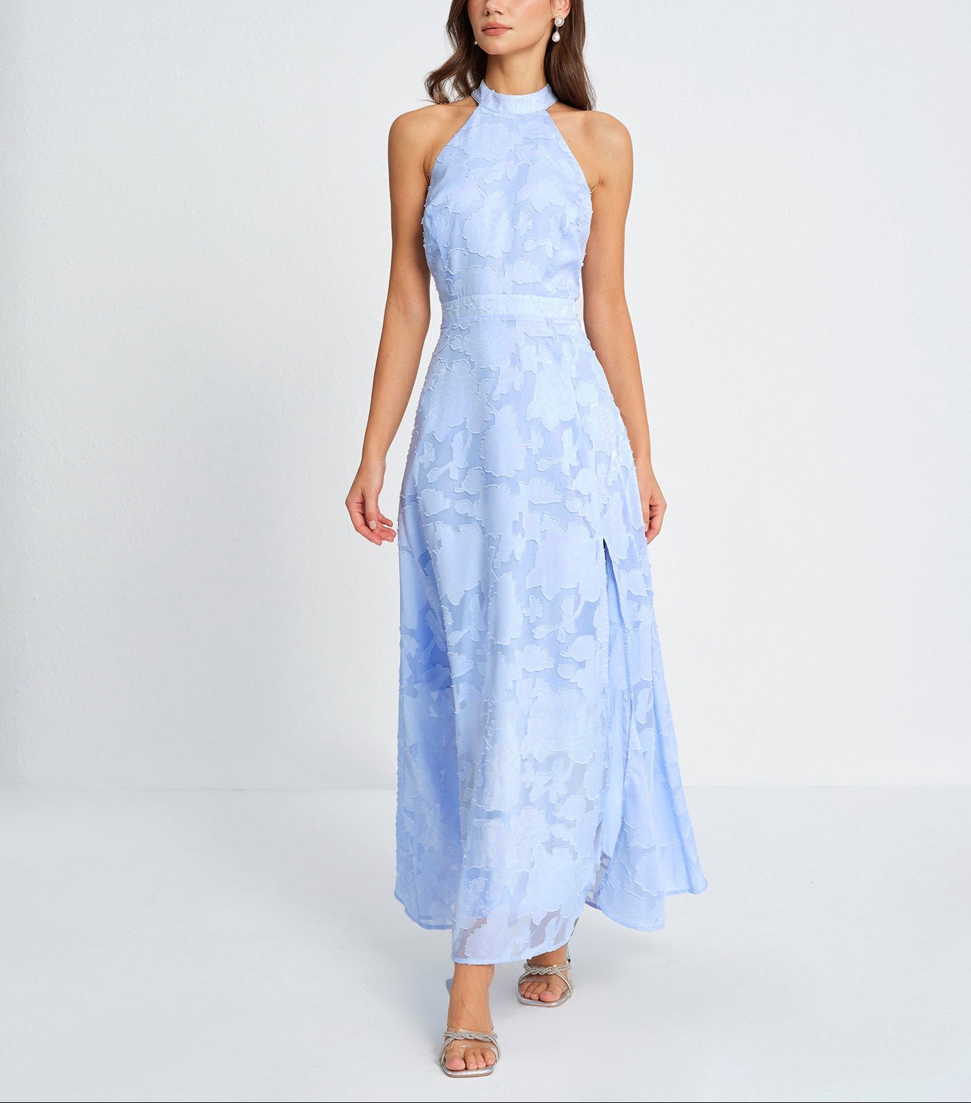 Irune - Vestido largo azul elegante con cuello alto