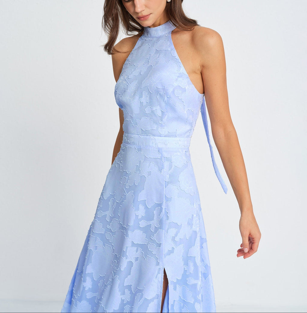Irune - Vestido largo azul elegante con cuello alto