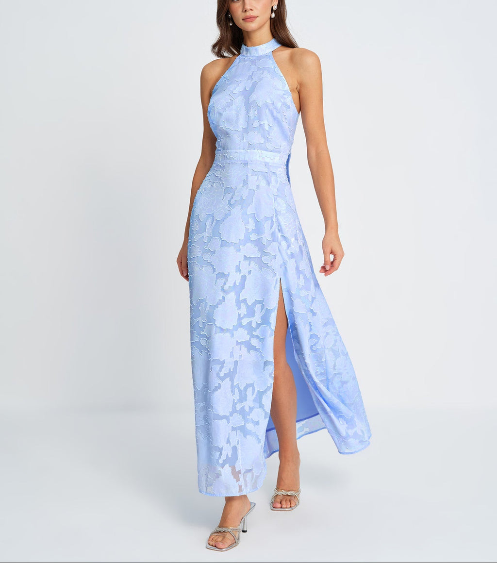 Irune - Vestido largo azul elegante con cuello alto